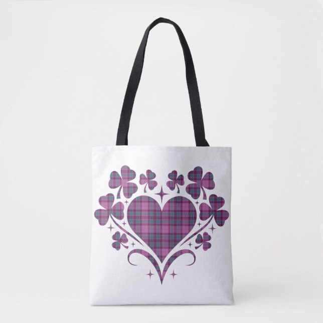 Heart Shamrock Plaid Pink Teal Tartan Clover Tasche (Vorderseite)