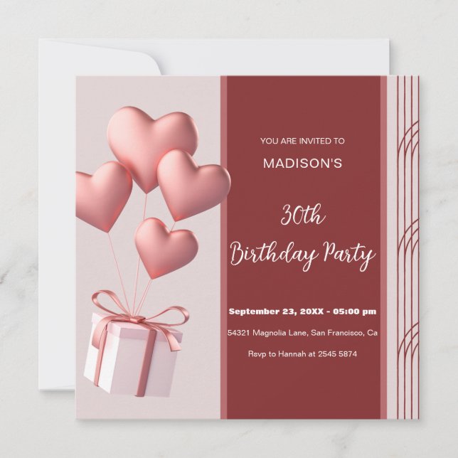 Heart Shaped Balloons Birthday Invitation Einladung (Vorderseite)