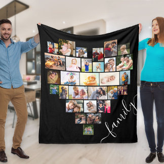 Heart Shaped Foto Collage Familienskript Schwarz Fleecedecke