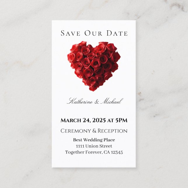Heart Shaped Red Rose-Save the Date- Visitenkarte (Vorderseite)