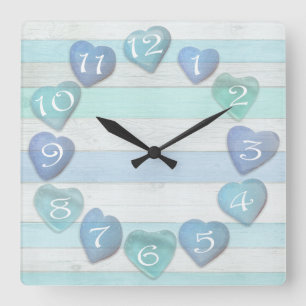 Heart Shaped Sea Glass Beach Driftwood Ocean Quadratische Wanduhr