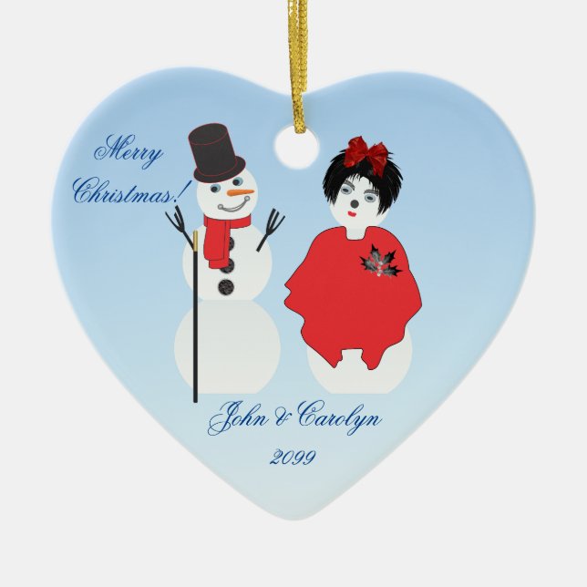 Heart Shaped Snowman Couple Weihnachten Keramik Ornament (Vorne)
