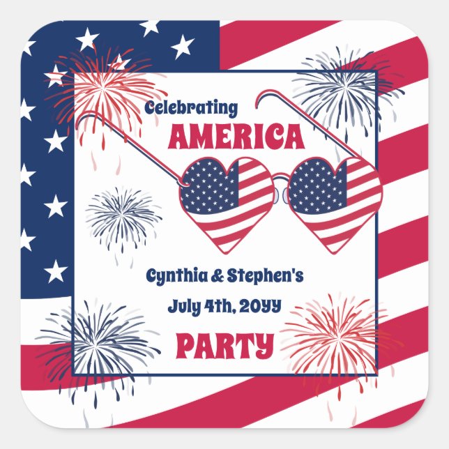 Heart Sunglasses America Party Quadratischer Aufkleber (Vorderseite)
