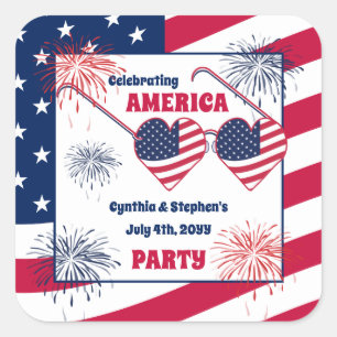 Heart Sunglasses America Party Quadratischer Aufkleber