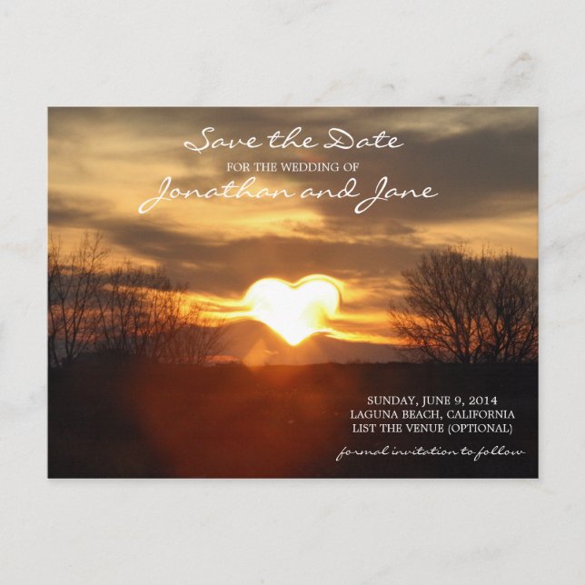 Heart Sunset Wedding Romantic Save the Date Ankündigungspostkarte (Vorderseite)