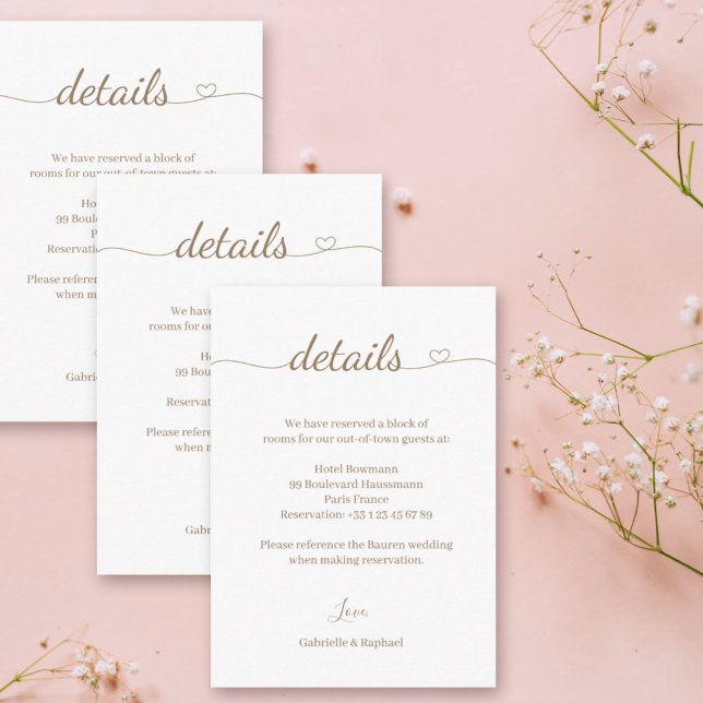 Heart Swash Gold White Gray Wedding Hotel Details Begleitkarte (Von Creator hochgeladen)