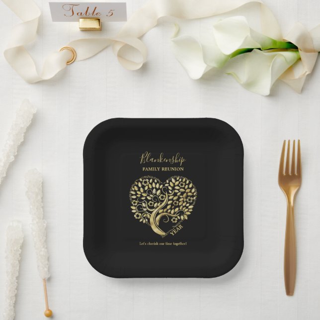 Heart Tree Family Wiedersehen Black Gold Pappteller (Hochzeit)