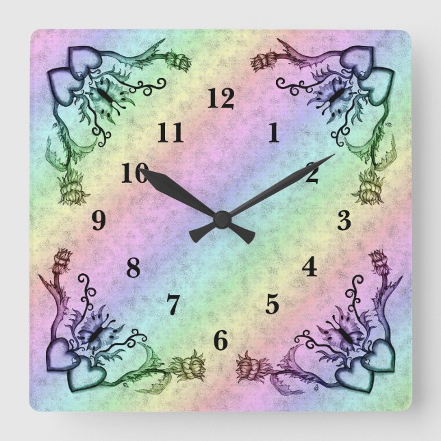 Heart with Flower and Butterfly Quadratische Wanduhr (Vorderseite)