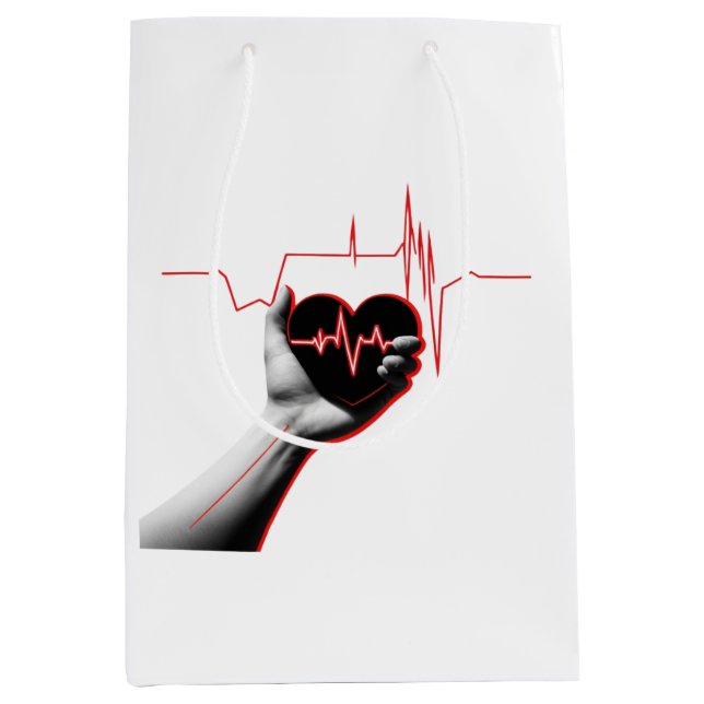 Heartbeat Love Design - Hand Holding Heart Mittlere Geschenktüte (Vorderseite)