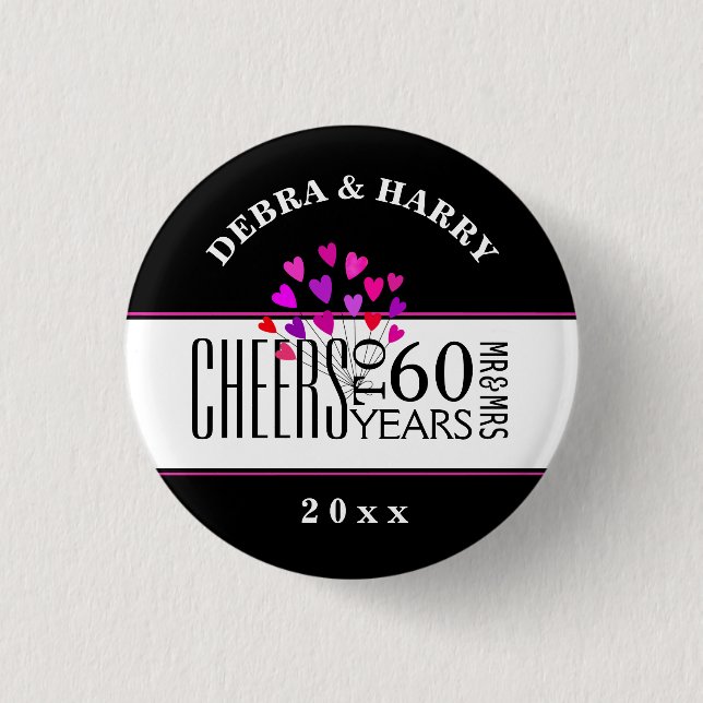 Hearts 60. Modern Wedding Anniversary Dated Gift Button (Vorderseite)
