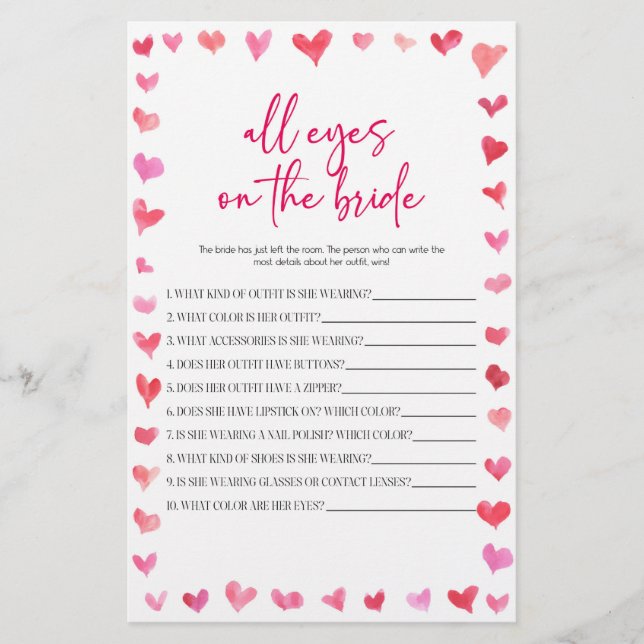 Hearts All Eyes On The Bride Bridal Shower Game  Briefpapier (Vorderseite)