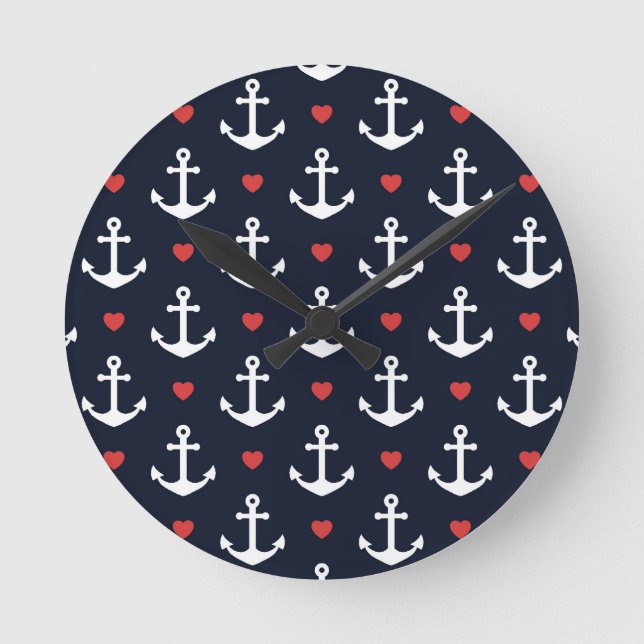 Hearts And Anchors Pattern Runde Wanduhr (Vorderseite)