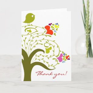 Hearts And Birdie On A Cute Tree Thank You Card Dankeskarte