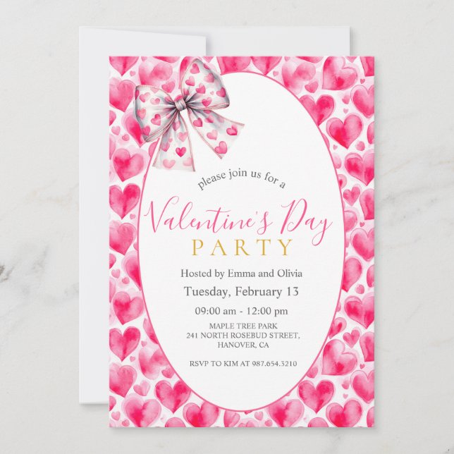 Hearts and Bow Valentine’s Day Party Invitation Einladung (Vorderseite)