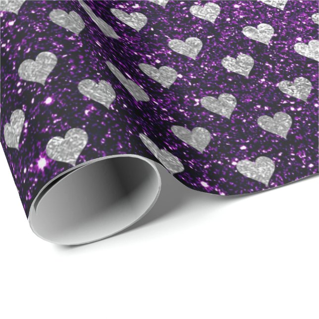 Hearts Confetti Silver Gray Glitzer Lila Plum Geschenkpapier (Rolleneckpunkt)