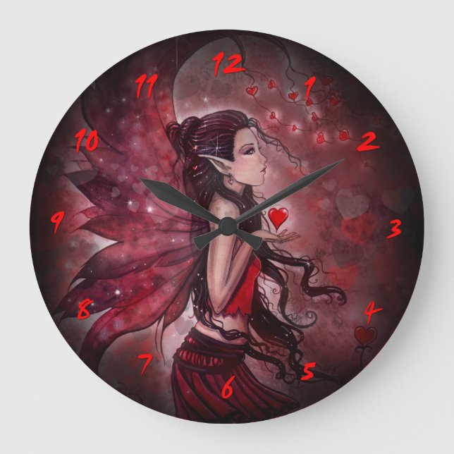 Hearts Fairy Fantasy Art Clock Große Wanduhr (Vorderseite)