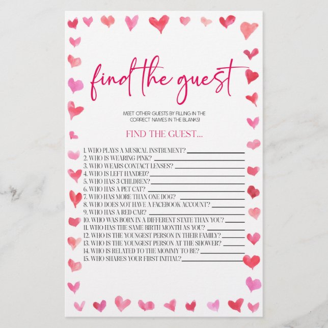 Hearts Find The Guest Bridal Shower Game  Briefpapier (Vorderseite)