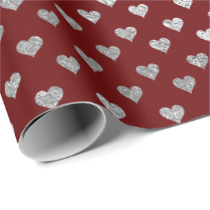 Hearts Glam Silver Burgundy Maroon Geschenkpapier
