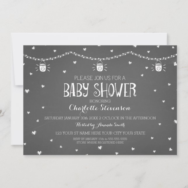 Hearts Gray Vintag Chalkboard Babydusche Einladung (Vorderseite)