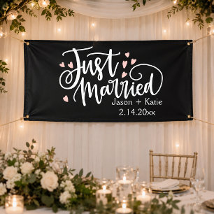 HEARTS just Married Script Names Wedding Day Banner