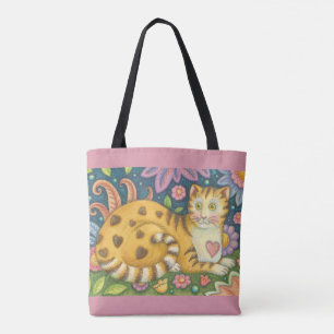 Hearts N' Stripes Tabby Folk Art CAT TOTE BAG Tasche