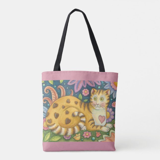 Hearts N' Stripes Tabby Folk Art CAT TOTE BAG Tasche (Rückseite)