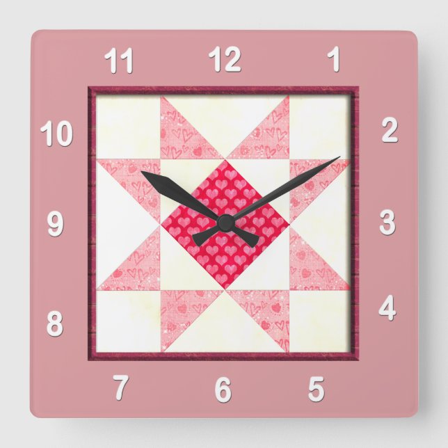 Hearts of Love Quilt Block in Pink Quadratische Wanduhr (Vorderseite)