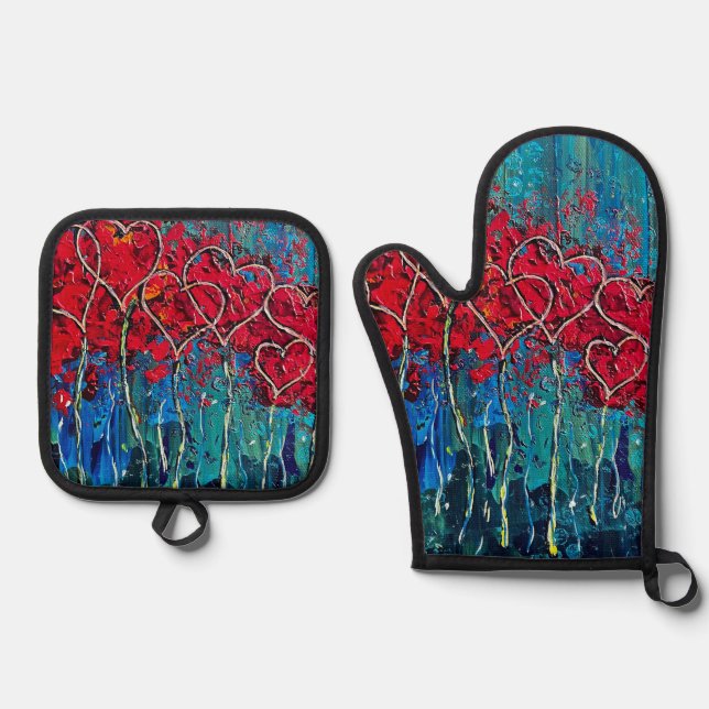 Hearts Oven Mitt Pot Holder Ofenhandschuh & Topflappen-Set (Vorderseite)