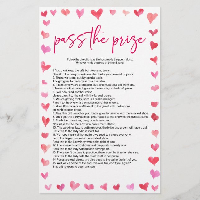 Hearts Pass The Prize Bridal Shower Game  Briefpapier (Vorderseite)
