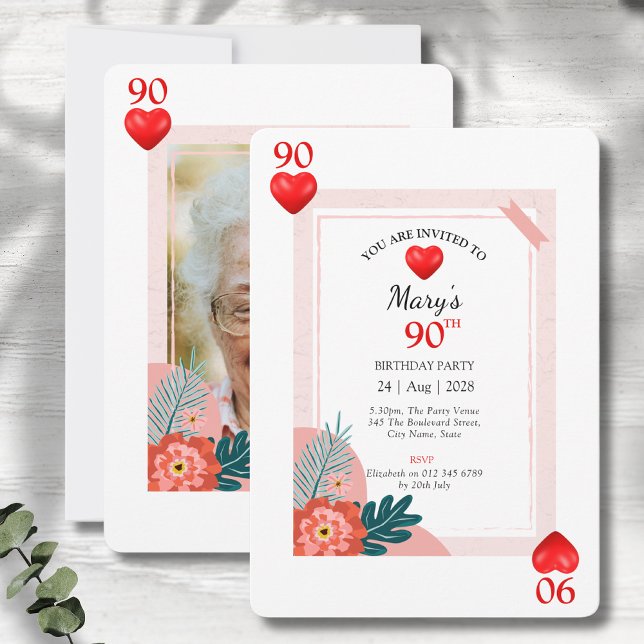 Hearts Playing Card 90th Birthday Party Invitation (90th birthday playing card style party invitations on a grey wood background.)