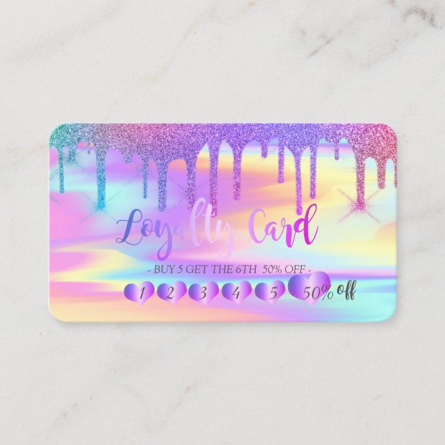 Hearts Rainbow Glitzer Tropfens Holographic Treuekarte (Vorderseite)