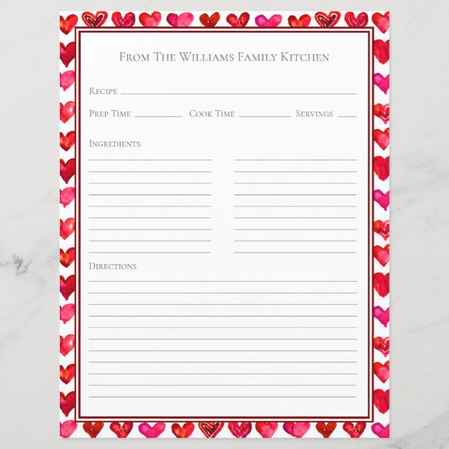 Hearts Red Pink White Recipe Paper Sheet (Vorderseite)