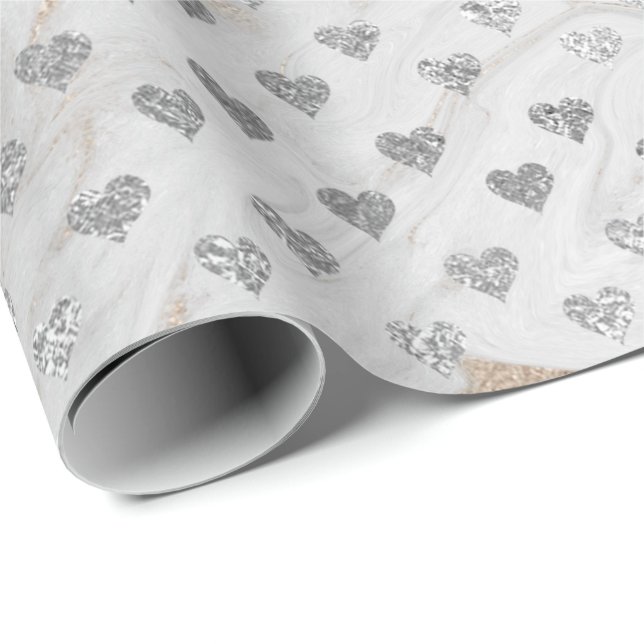 Hearts Silver Glam Pearly Ivory White Marble Glam Geschenkpapier (Rolleneckpunkt)