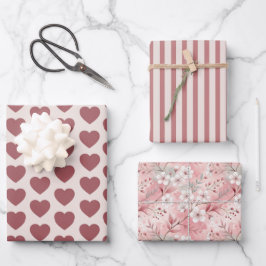 Hearts, Stripes, Sakura Pink Burgundy Geschenkpapier Set