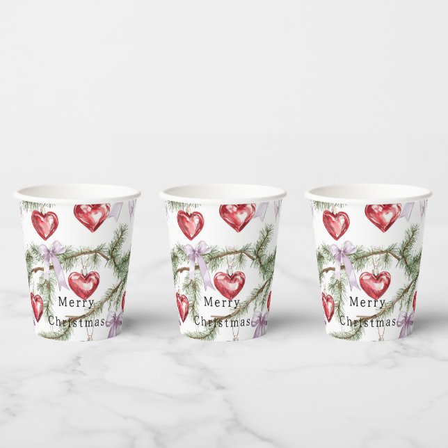 Hearts Trees Red Purple Bows Christmas Pappbecher (Multi)