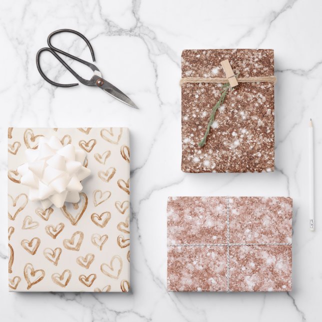 Hearts Valentine Love Cream Brown Pink Glitter Geschenkpapier Set (Vorderseite)