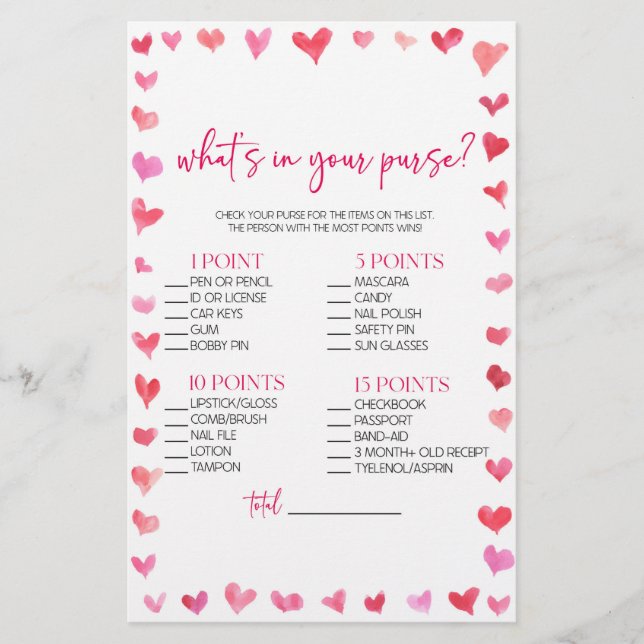 Hearts What's In Your Purse? Bridal Shower Game  Briefpapier (Vorderseite)