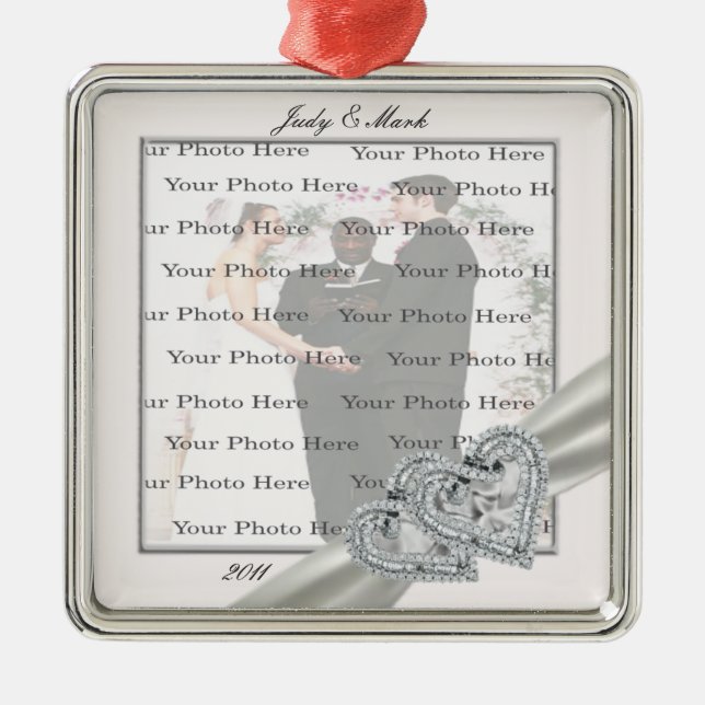 Hearts White Wedding Square Silver Ornament (Vorne)