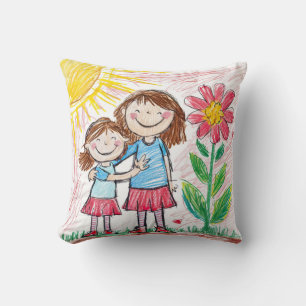 Heartwarming Sisterly Liebe Crayon Zeichnend Kissen