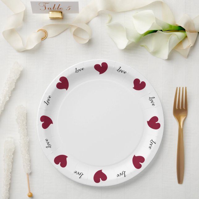 Hearty Hearts Burgundy - Custom Text Pappteller (Hochzeit)