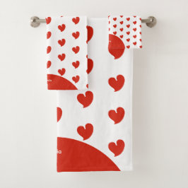 Hearty Hearts - Red and White Custom Text - Badhandtuch Set