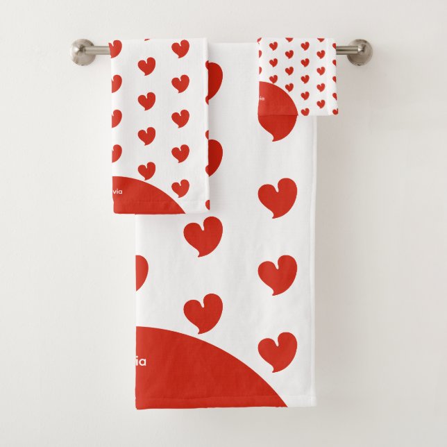 Hearty Hearts - Red and White Custom Text - Badhandtuch Set (Insitu)