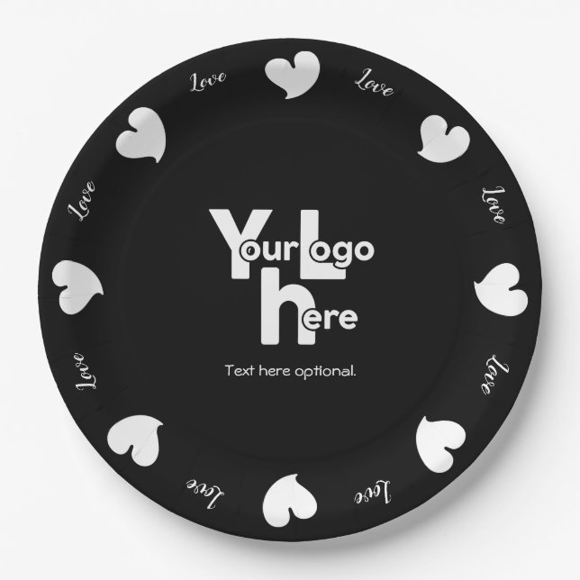 Hearty Hearts White and Black-Custom Text and Logo Pappteller (Vorderseite)