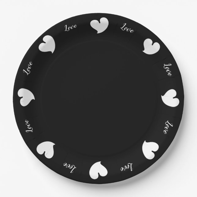 Hearty Hearts White and Black - Custom Text Pappteller (Vorderseite)