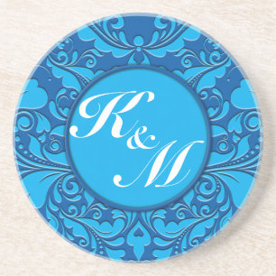 Hearty Party Cobalt Blue und Türkis Damask Herz Sandstein Untersetzer