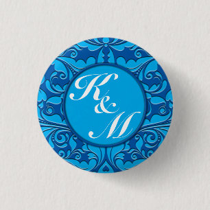 HeartyParty Cobalt Blue & Turquoise Damask Herz Button