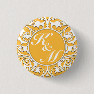 HeartyParty Gelb & Weiß Damask Herz Button