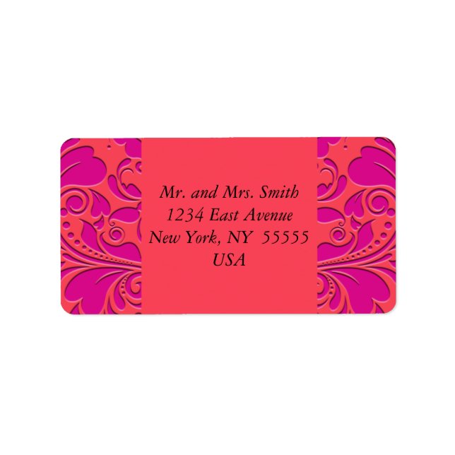 HeartyParty Himbeere und Magenta Damask Herz Adressaufkleber (Vorne)