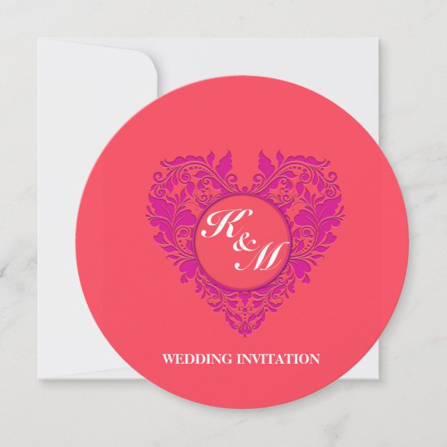 HeartyParty Himbeere und Magenta Damask Herz Einladung (Vorderseite)