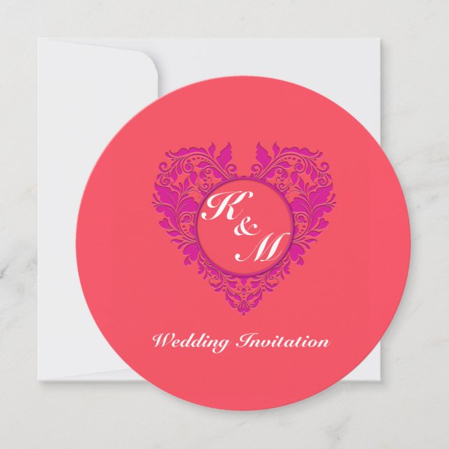 HeartyParty Himbeere und Magenta Damask Herz Einladung (Vorderseite)